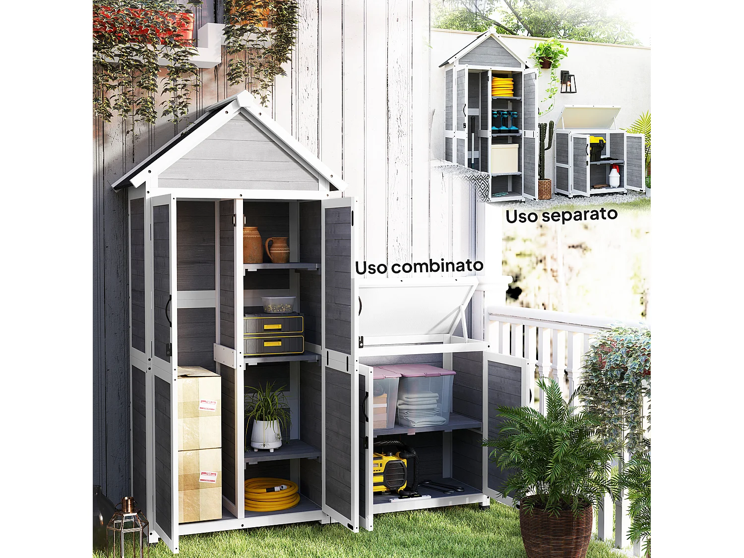 Casetta da giardino e armadio porta attrezzi in legno grigio chiaro