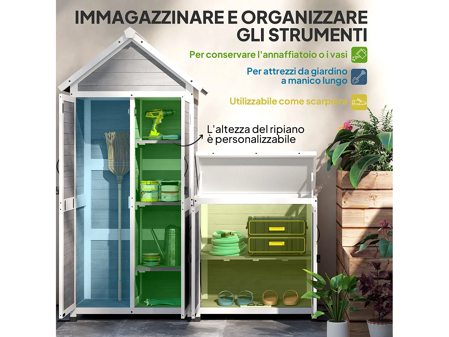 Casetta da giardino e armadio porta attrezzi in legno grigio chiaro