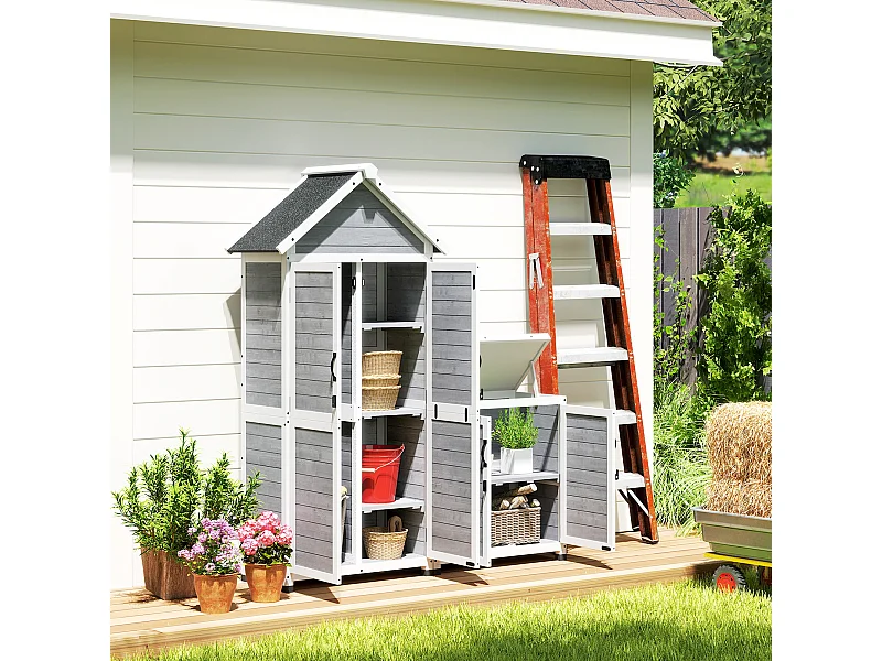Casetta da giardino e armadio porta attrezzi in legno grigio chiaro