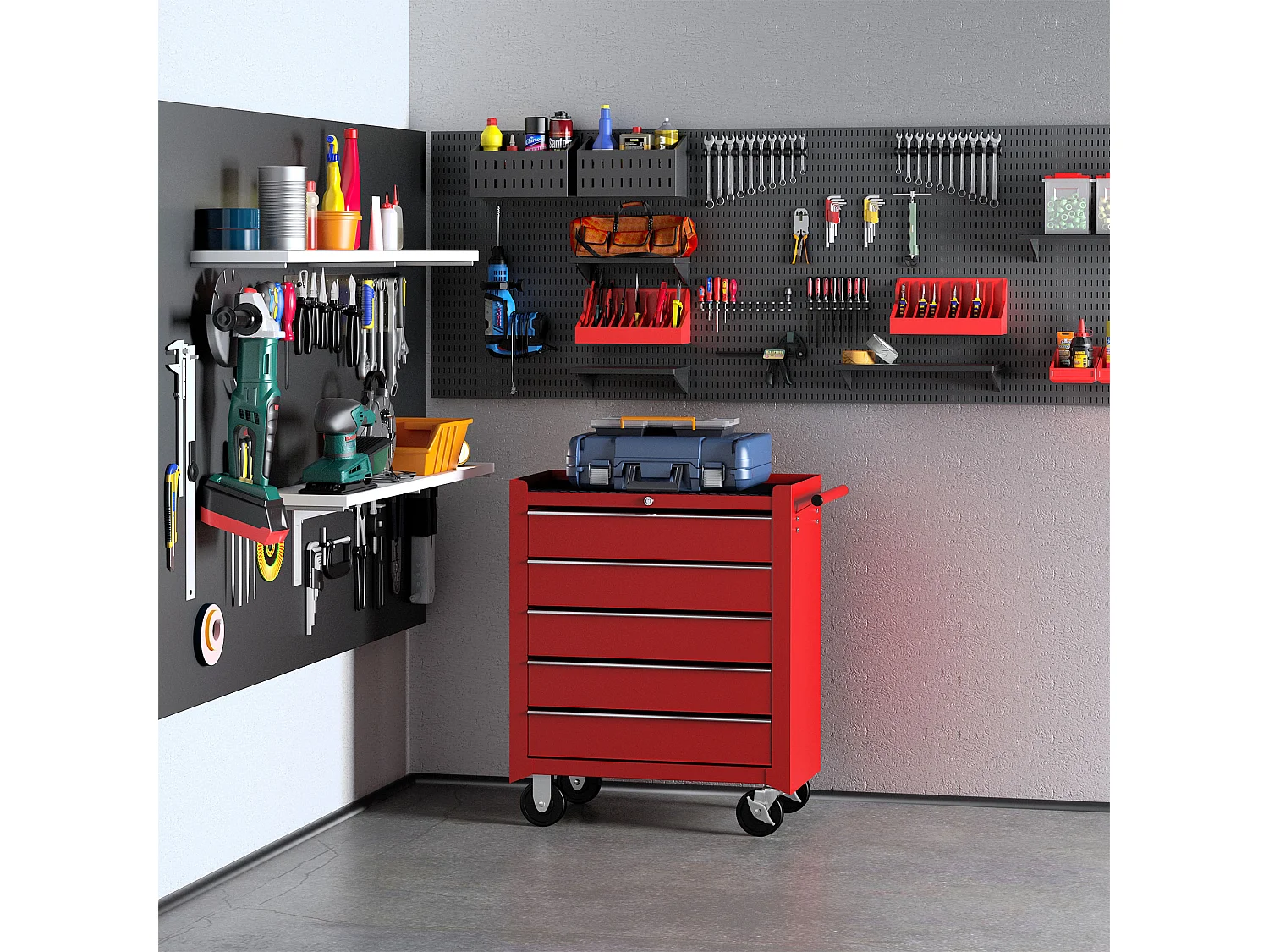 Carrello porta attrezzi con 5 cassetti 67.5x33x77 cm in metallo rosso