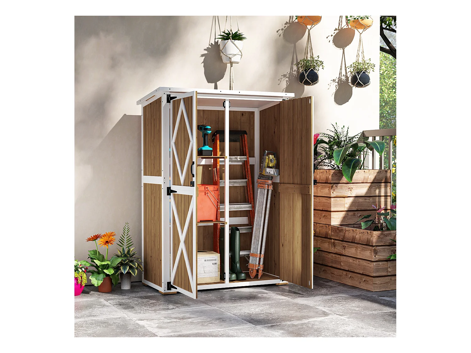 Capanno da giardino con 2 ripiani e 2 porte in legno marrone e bianco