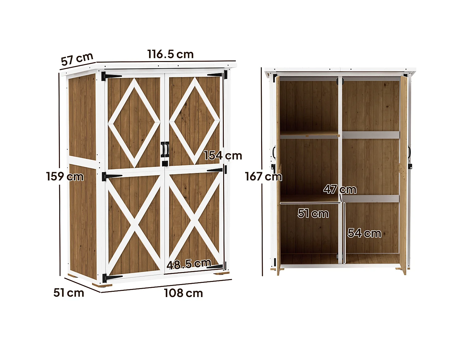 Capanno da giardino con 2 ripiani e 2 porte in legno marrone e bianco
