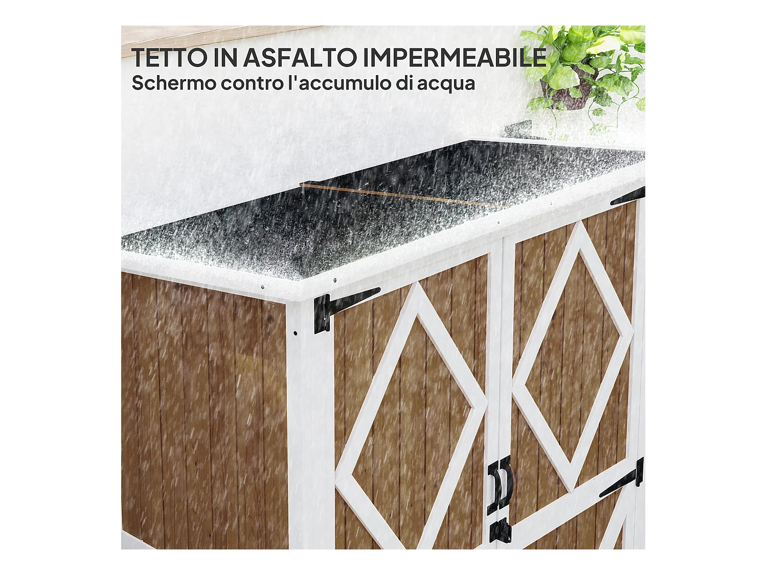 Capanno da giardino con 2 ripiani e 2 porte in legno marrone e bianco