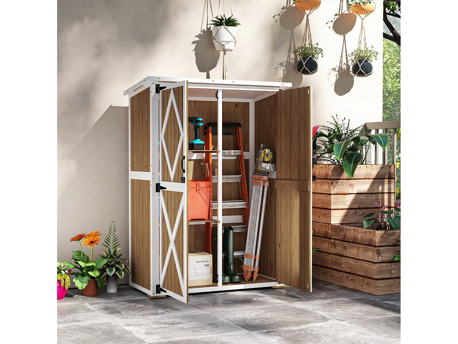 Capanno da giardino con 2 ripiani e 2 porte in legno marrone e bianco