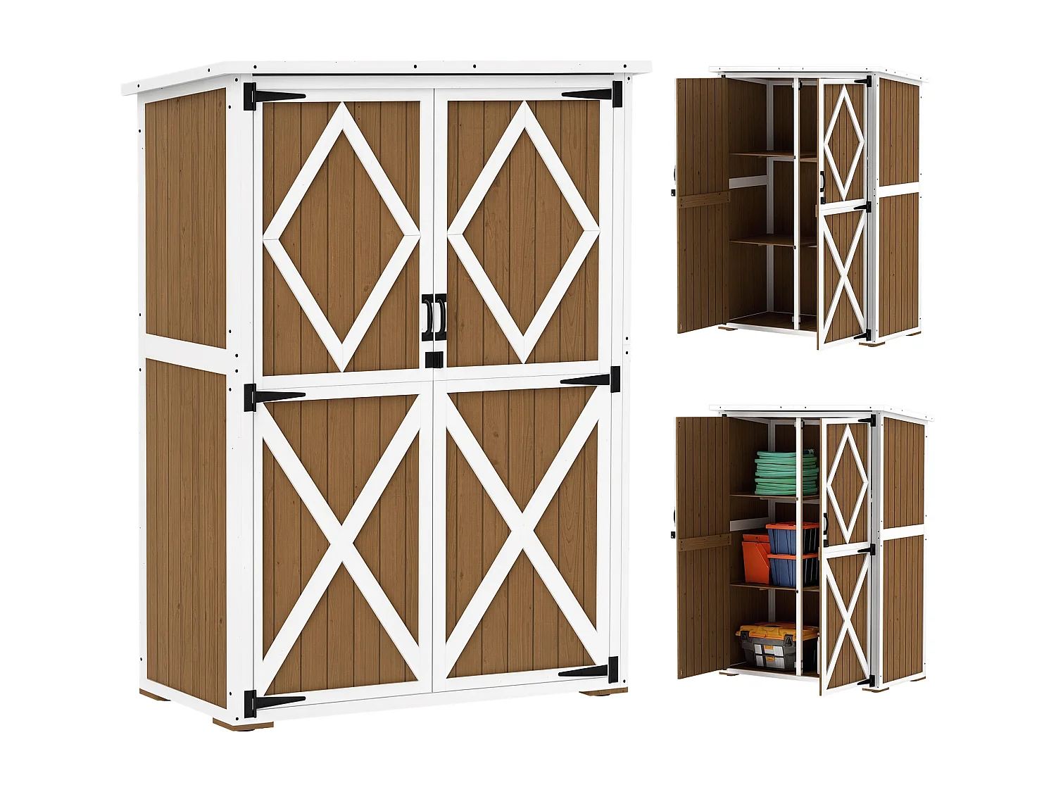 Capanno da giardino con 2 ripiani e 2 porte in legno marrone e bianco