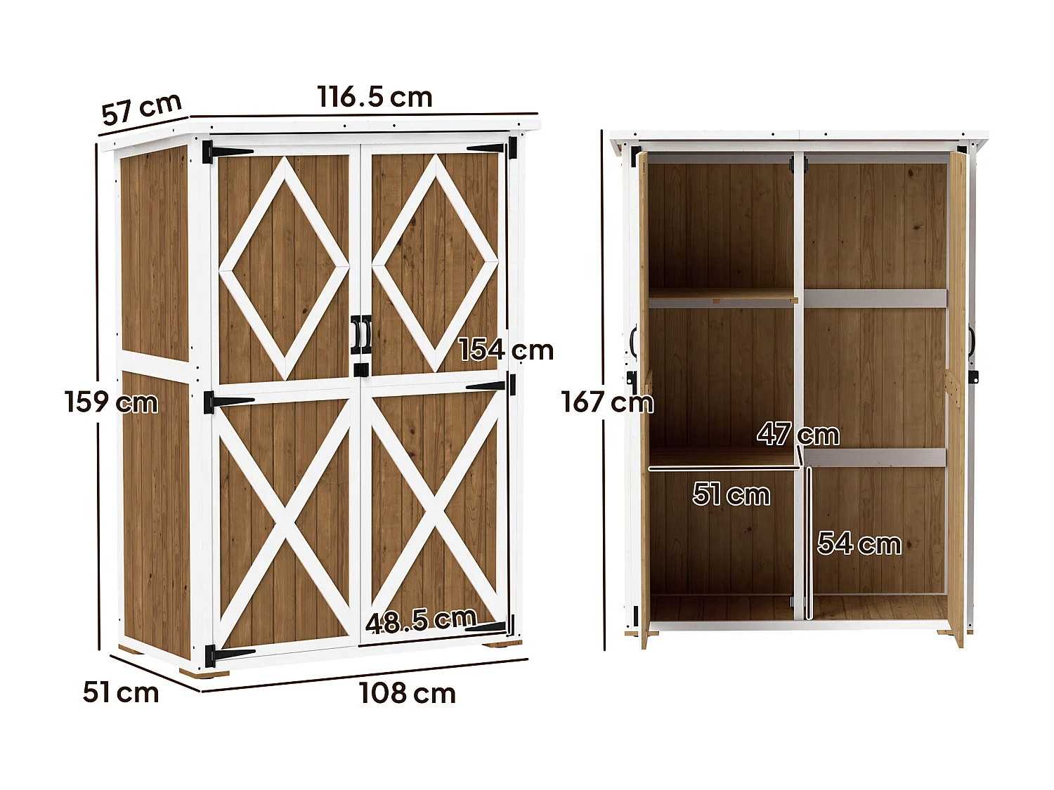 Capanno da giardino con 2 ripiani e 2 porte in legno marrone e bianco