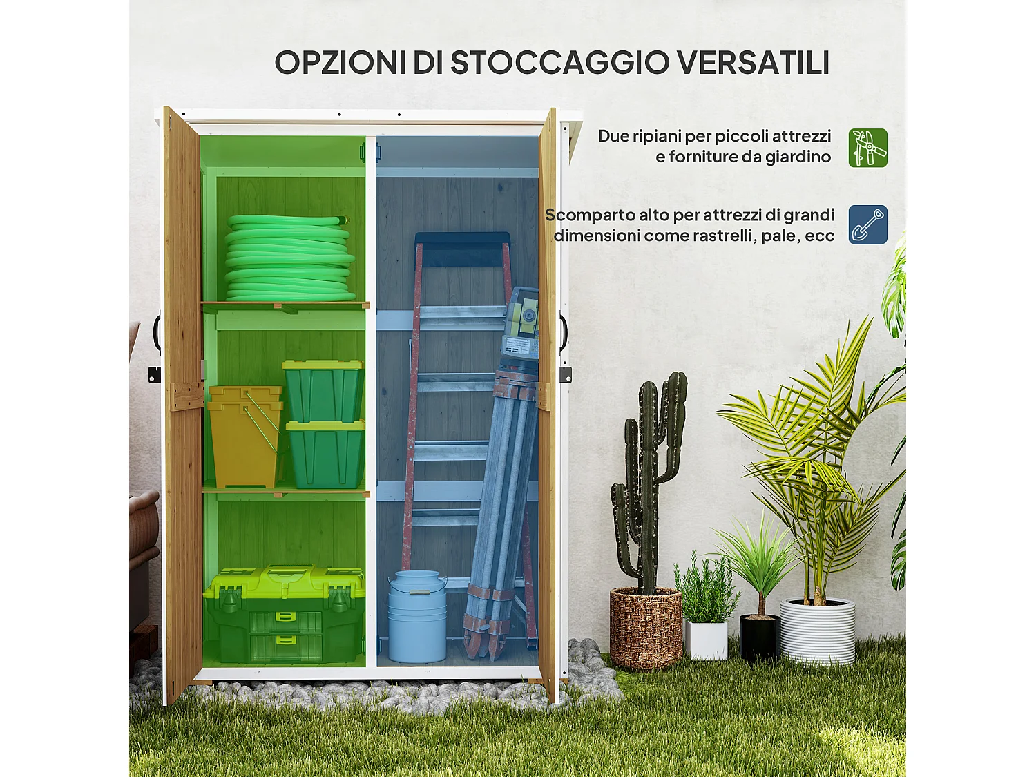 Capanno da giardino con 2 ripiani e 2 porte in legno marrone e bianco