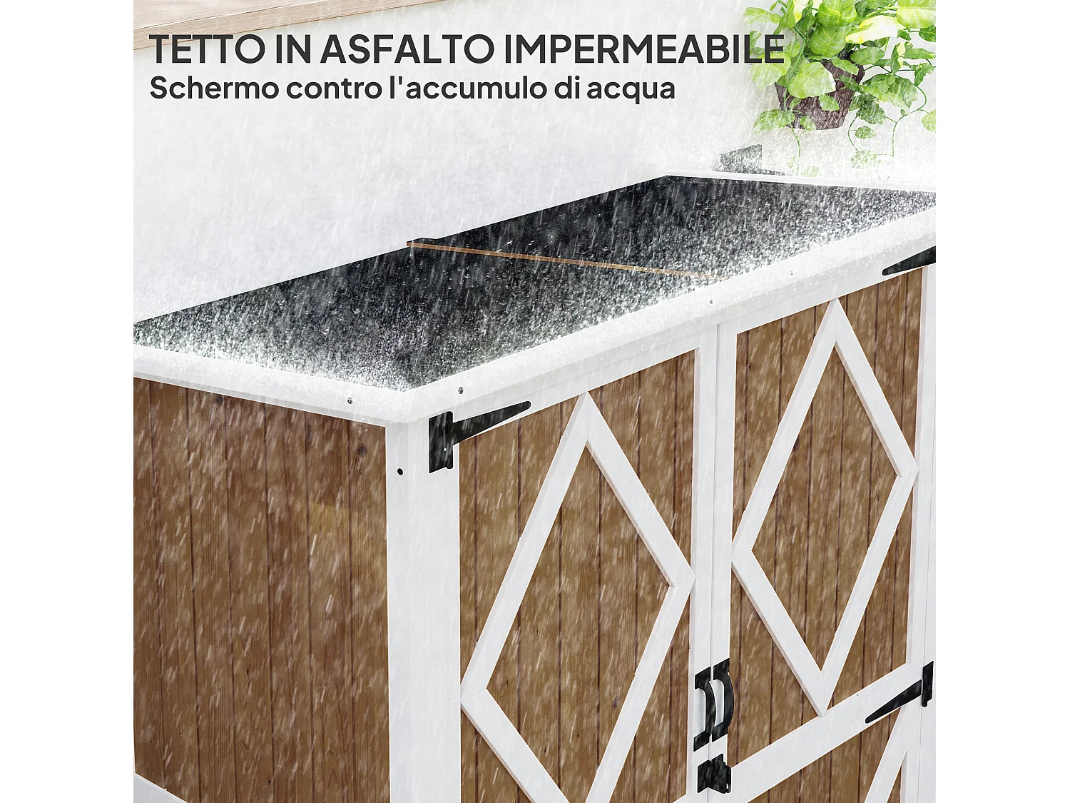 Capanno da giardino con 2 ripiani e 2 porte in legno marrone e bianco