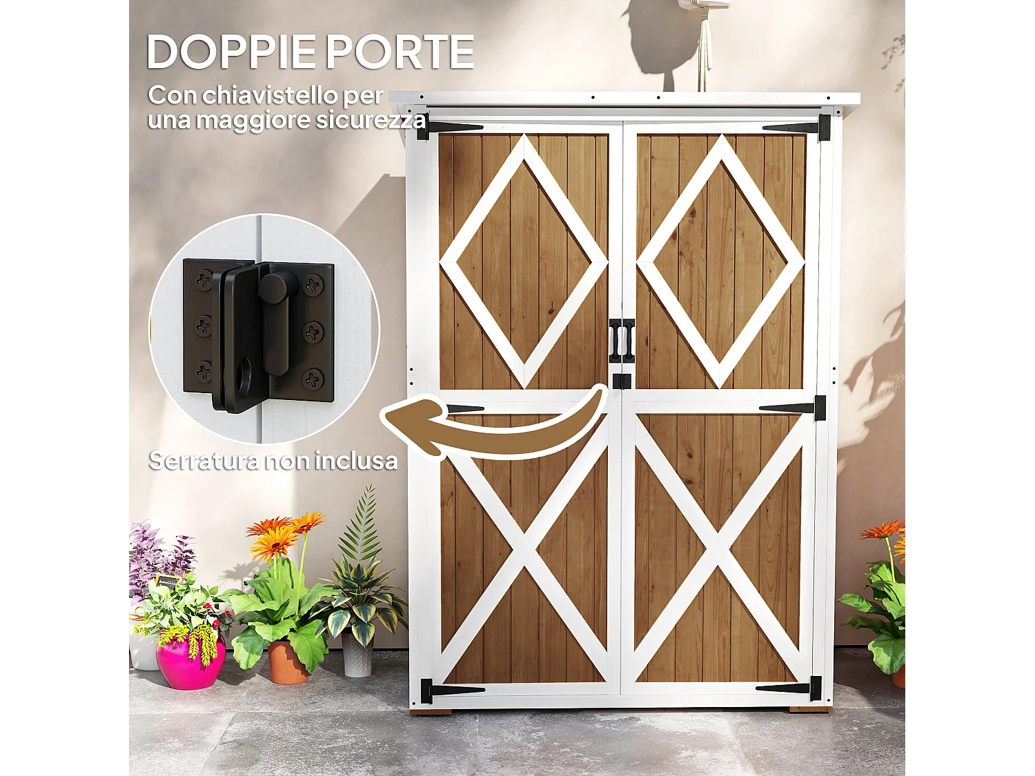 Capanno da giardino con 2 ripiani e 2 porte in legno marrone e bianco