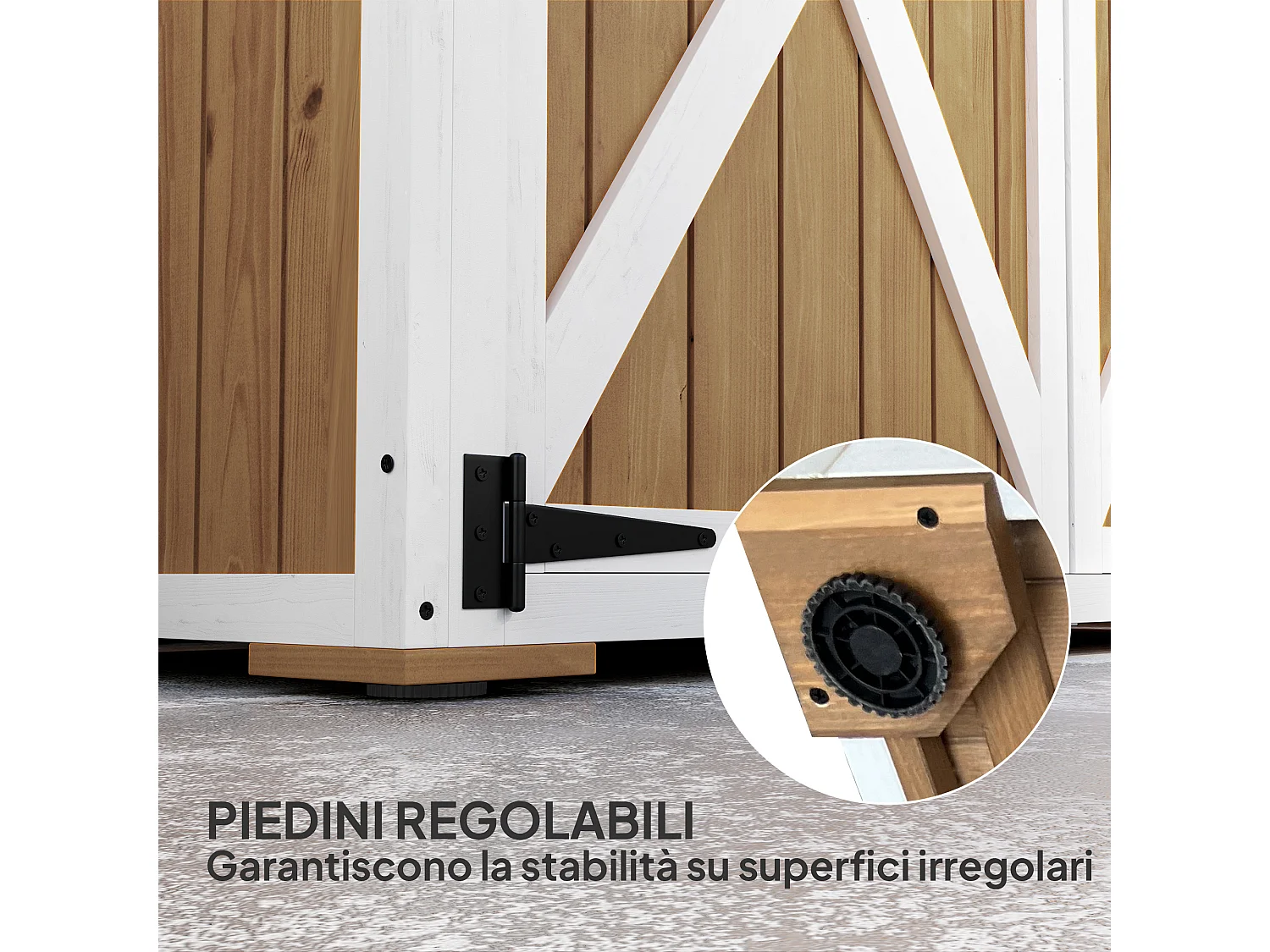 Capanno da giardino con 2 ripiani e 2 porte in legno marrone e bianco