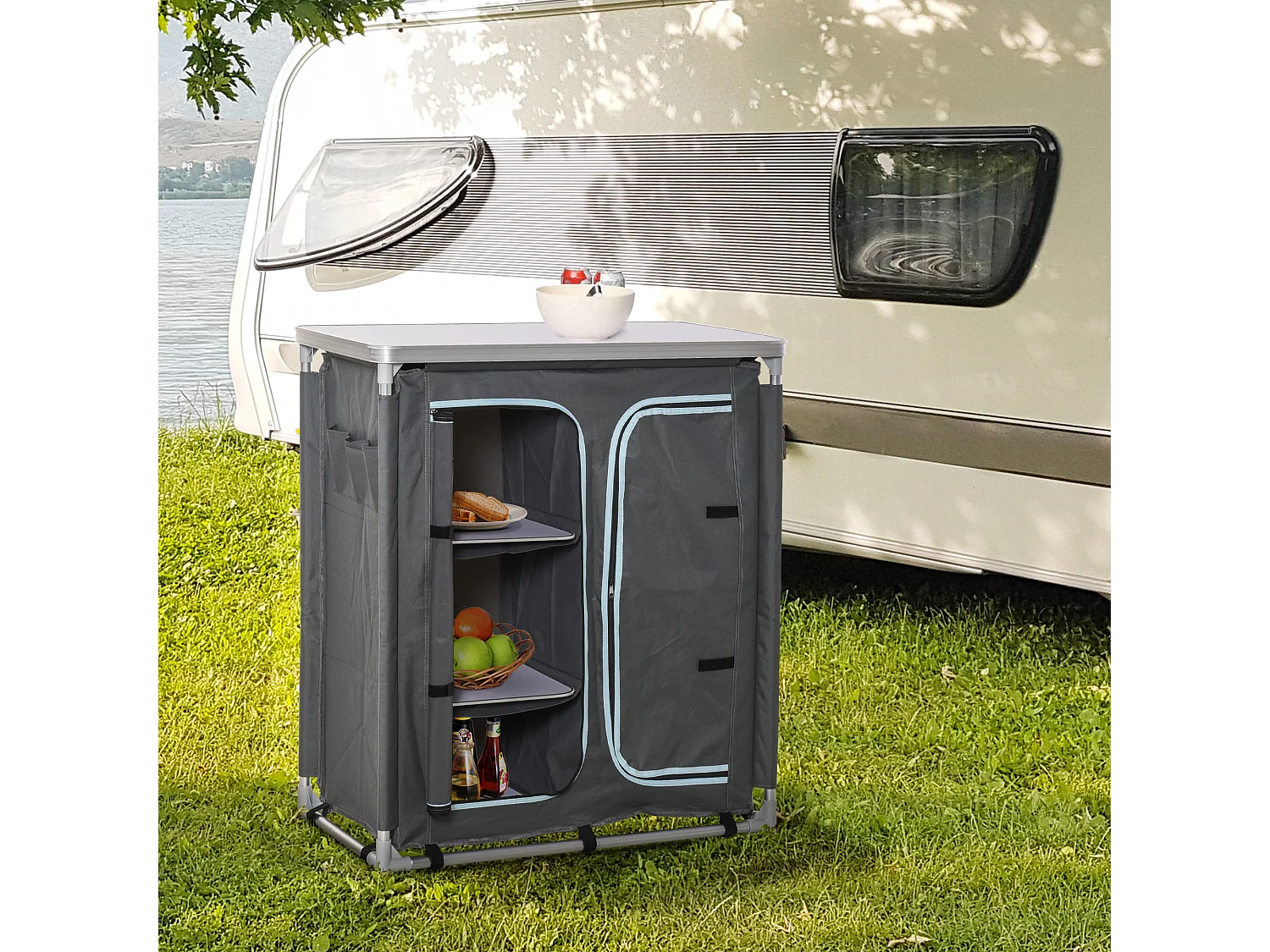 Mobile cucina da campeggio con 3 mensole e sacca di trasporto