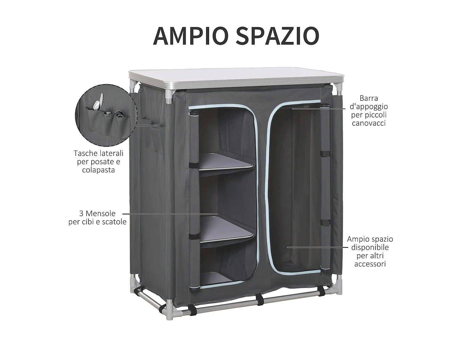 Mobile cucina da campeggio con 3 mensole e sacca di trasporto