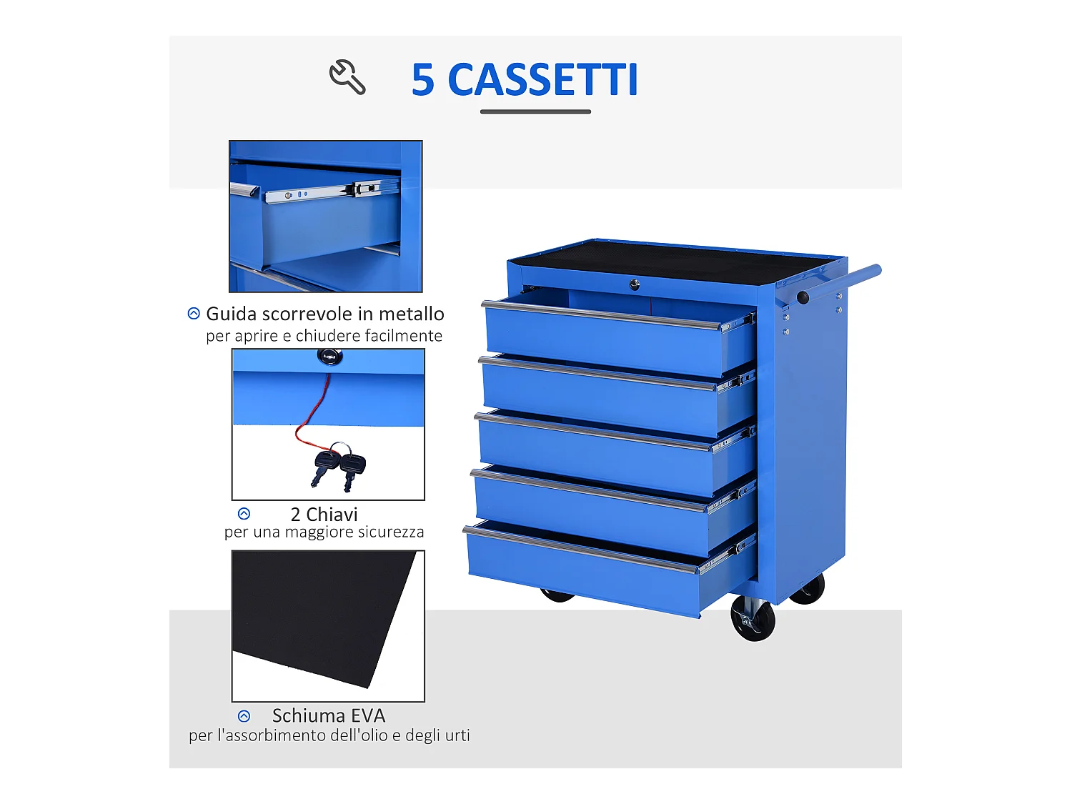 Carrello porta attrezzi con 5 cassetti e ruote in metallo blu