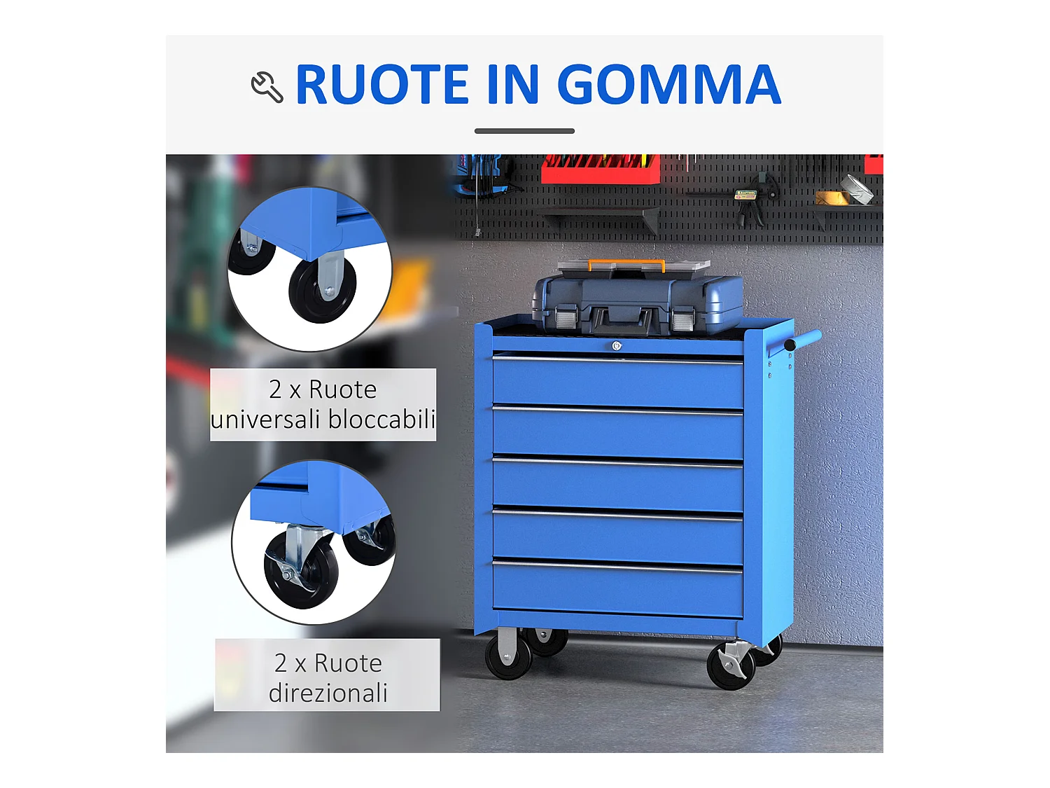 Carrello porta attrezzi con 5 cassetti e ruote in metallo blu