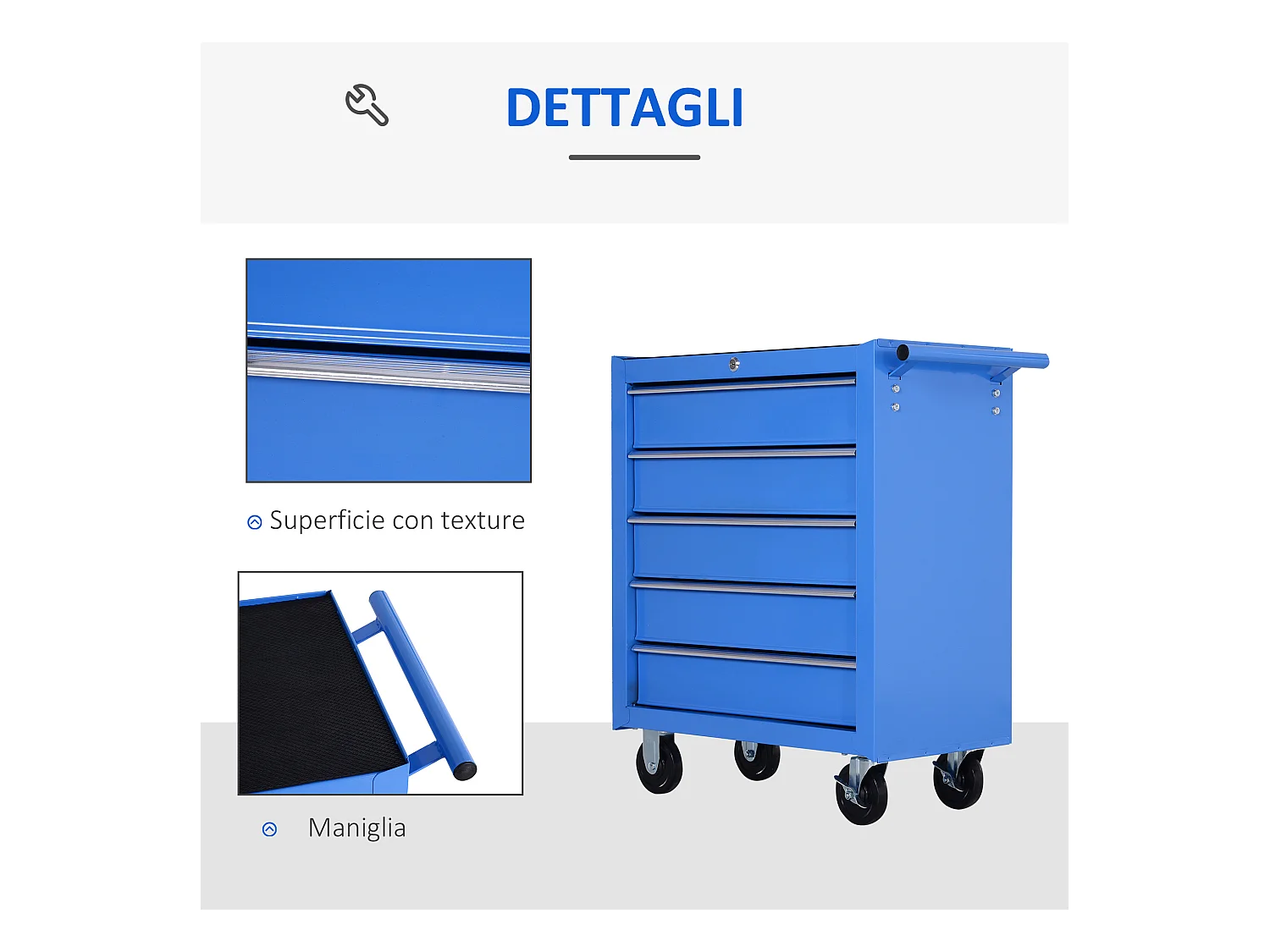 Carrello porta attrezzi con 5 cassetti e ruote in metallo blu