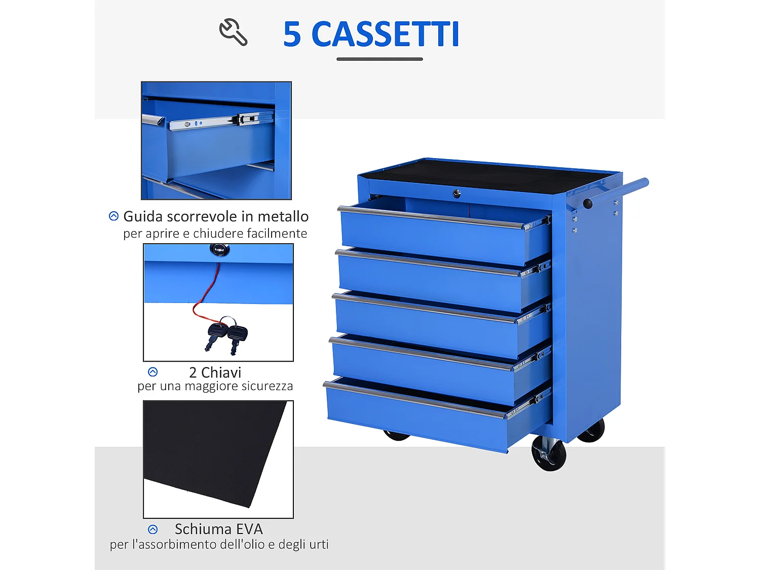 Carrello porta attrezzi con 5 cassetti e ruote in metallo blu