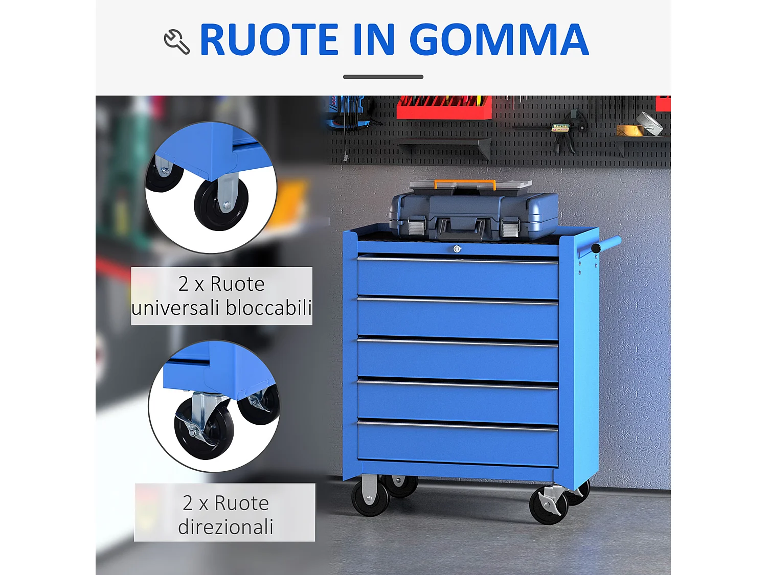 Carrello porta attrezzi con 5 cassetti e ruote in metallo blu