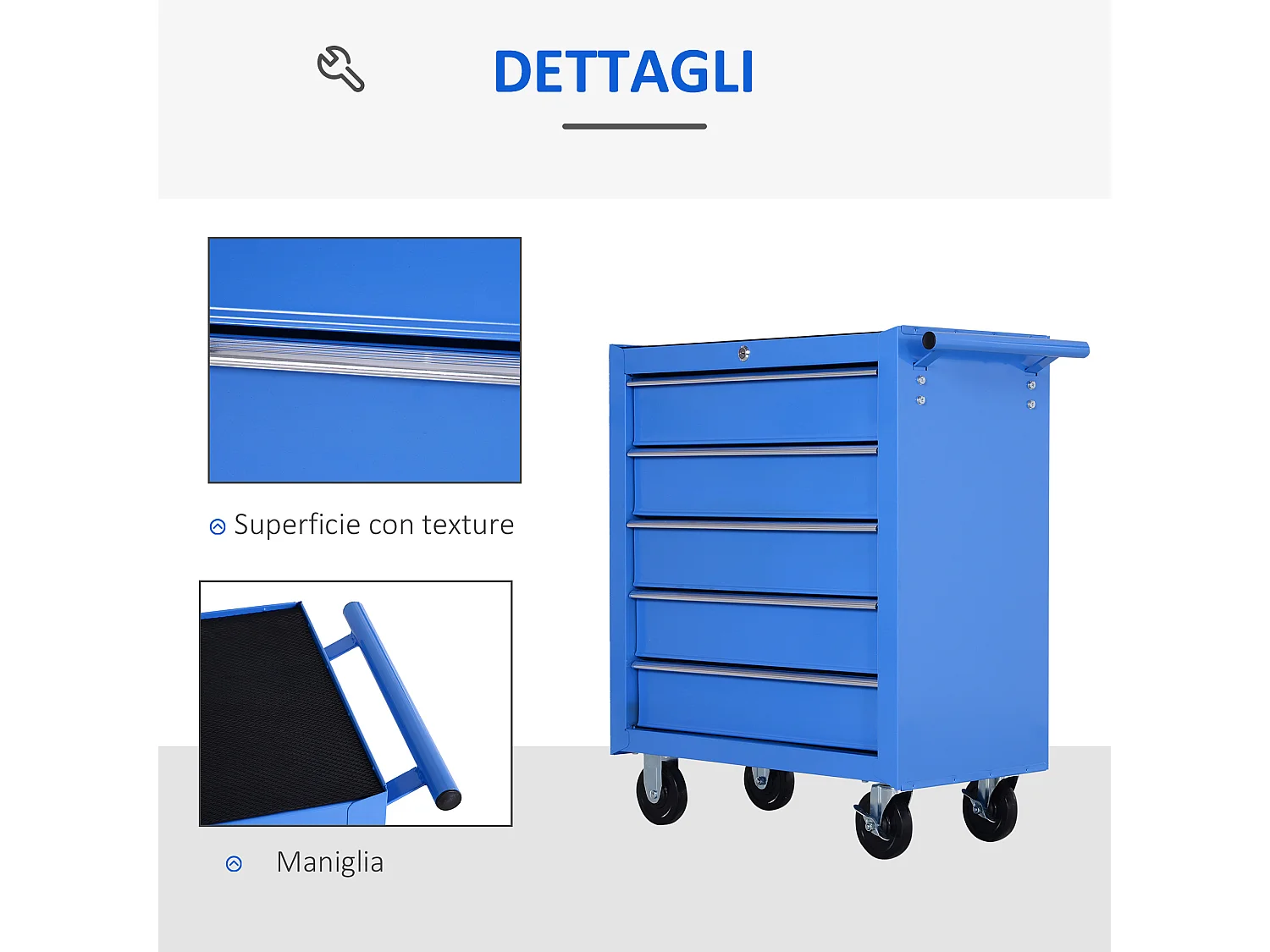 Carrello porta attrezzi con 5 cassetti e ruote in metallo blu