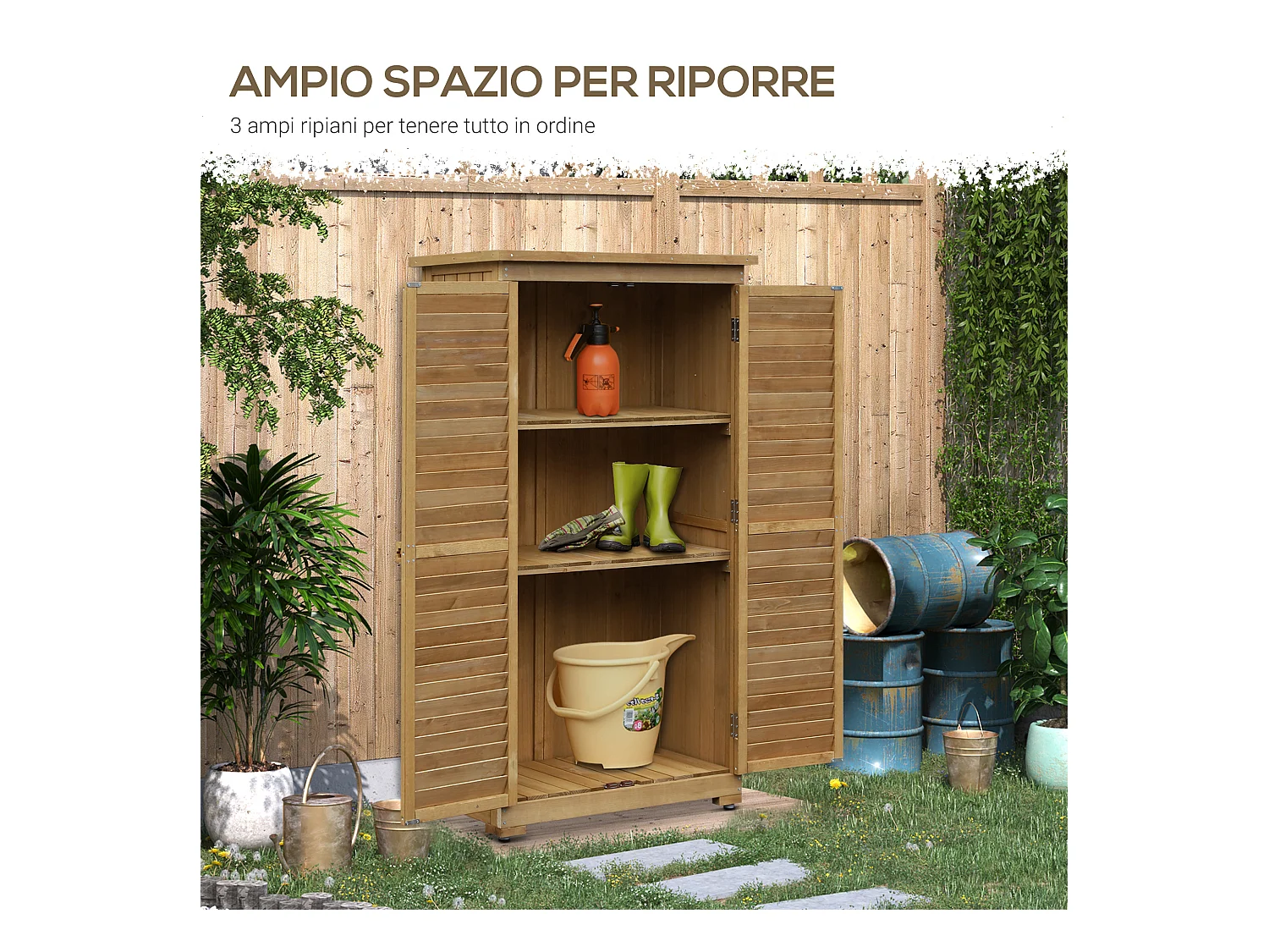 Armadio porta attrezzi da giardino impermeabile a 3 ripiani in legno