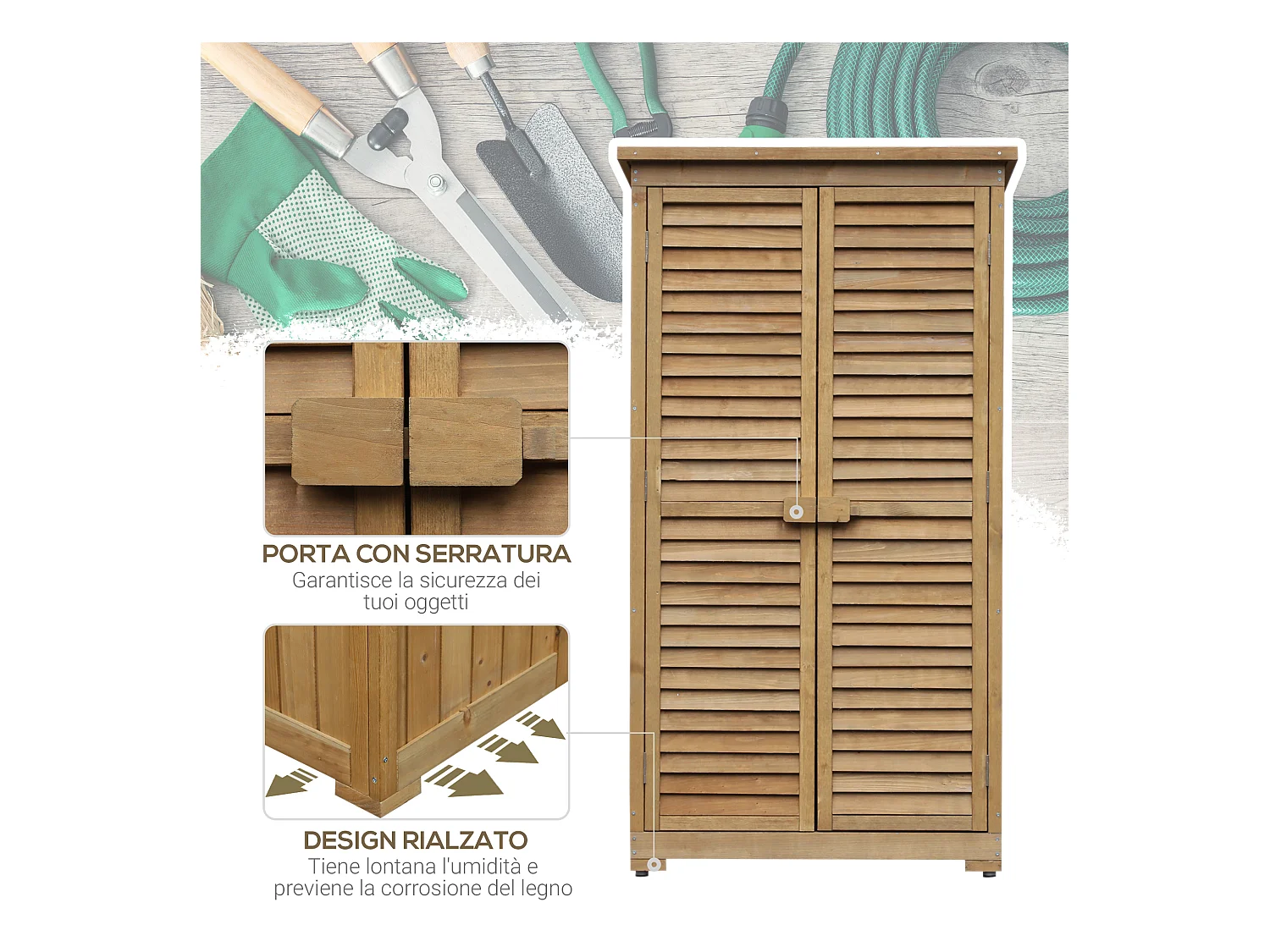 Armadio porta attrezzi da giardino impermeabile a 3 ripiani in legno
