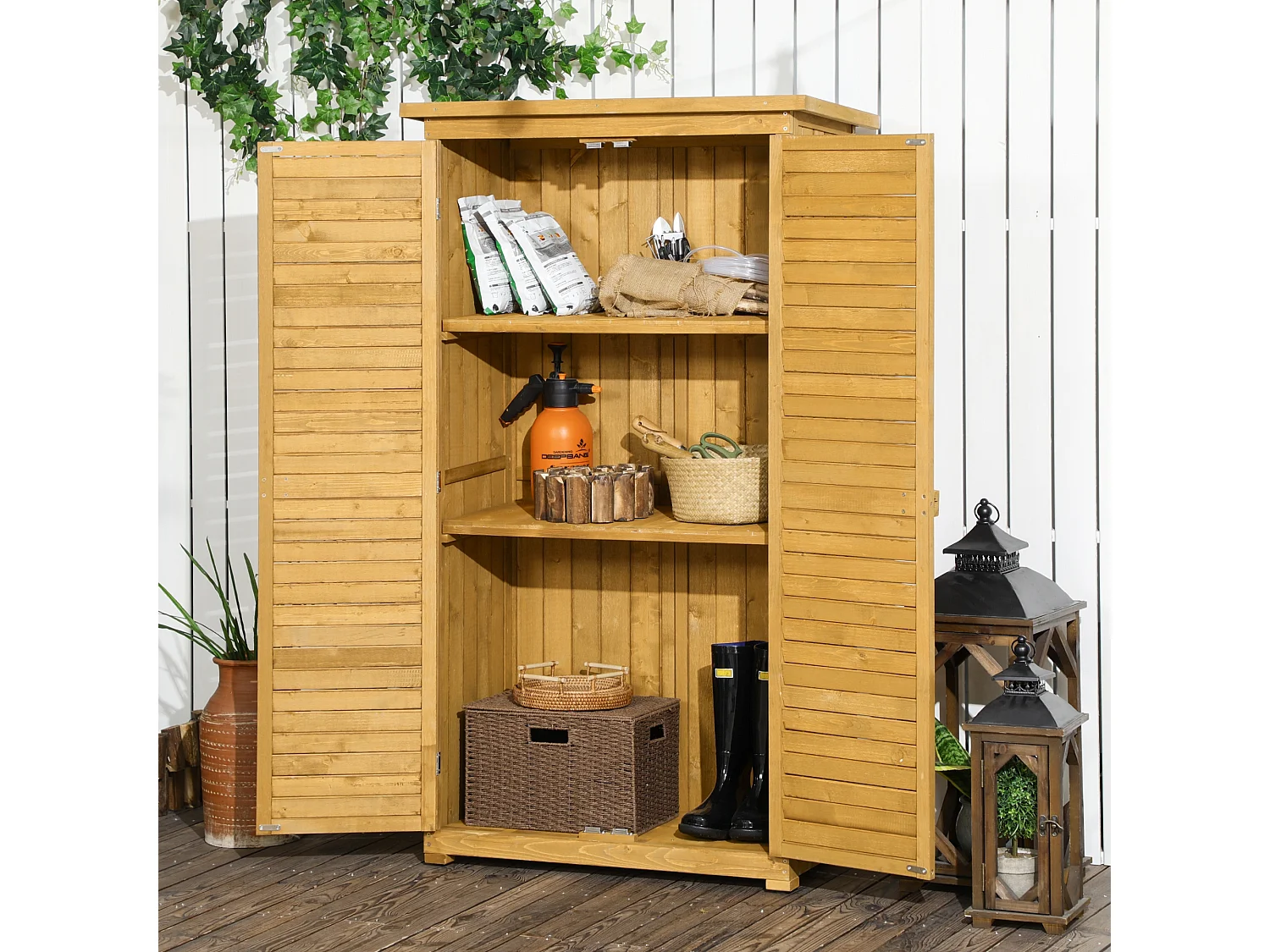 Armadio porta attrezzi da giardino impermeabile a 3 ripiani in legno