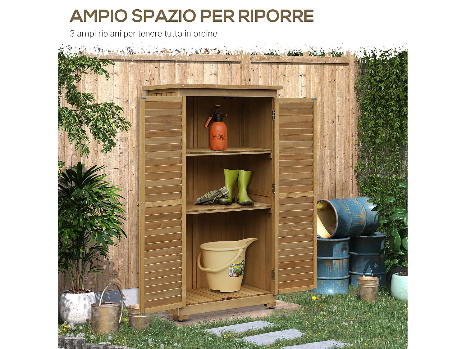 Armadio porta attrezzi da giardino impermeabile a 3 ripiani in legno