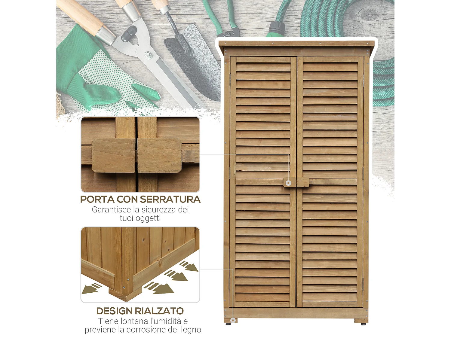 Armadio porta attrezzi da giardino impermeabile a 3 ripiani in legno