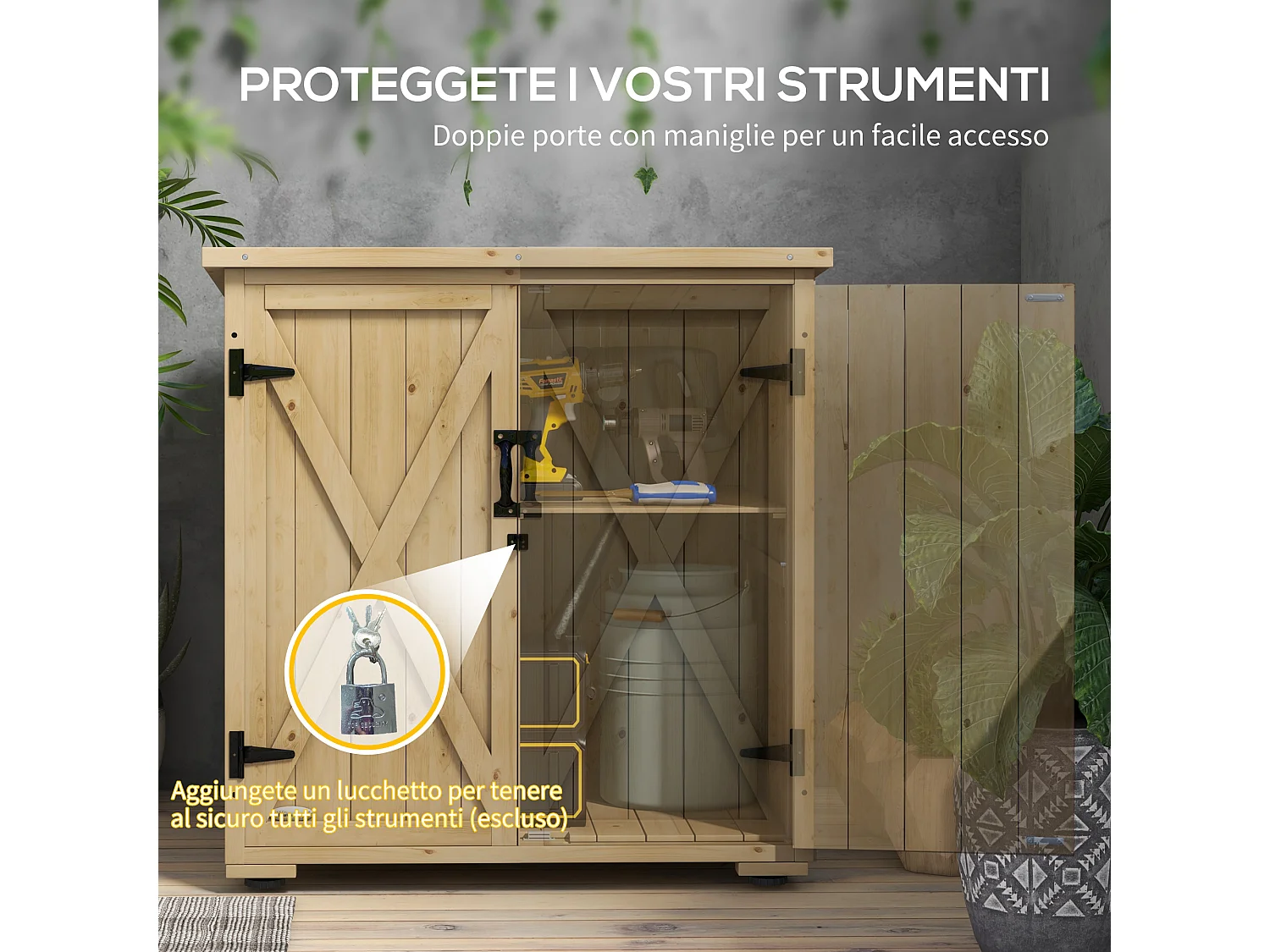 Armadio da giardino con ripiano interno regolabile in legno di abete