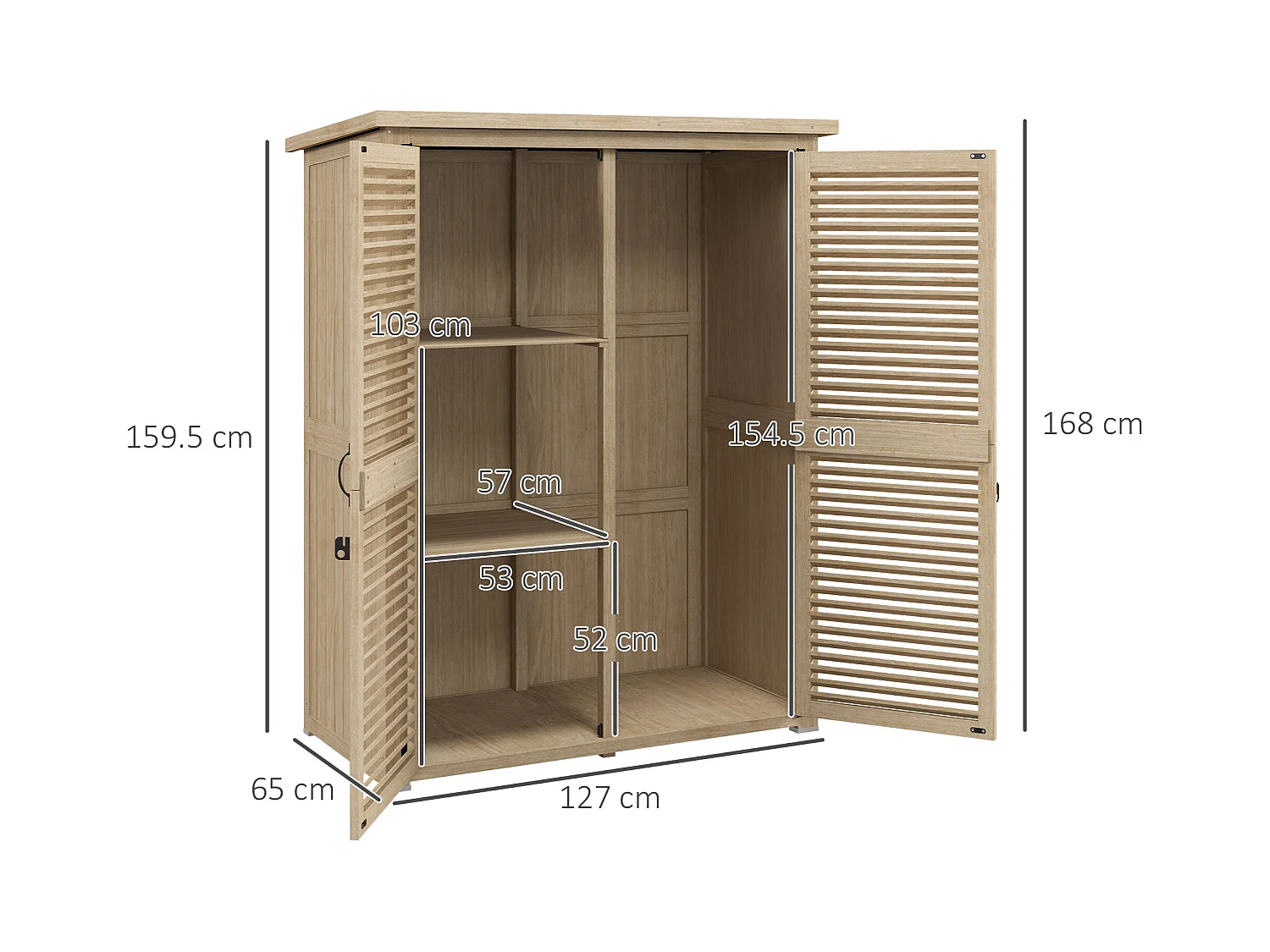Armadio da esterno a 2 ripiani in legno di abete 127x65x159.5/168 cm