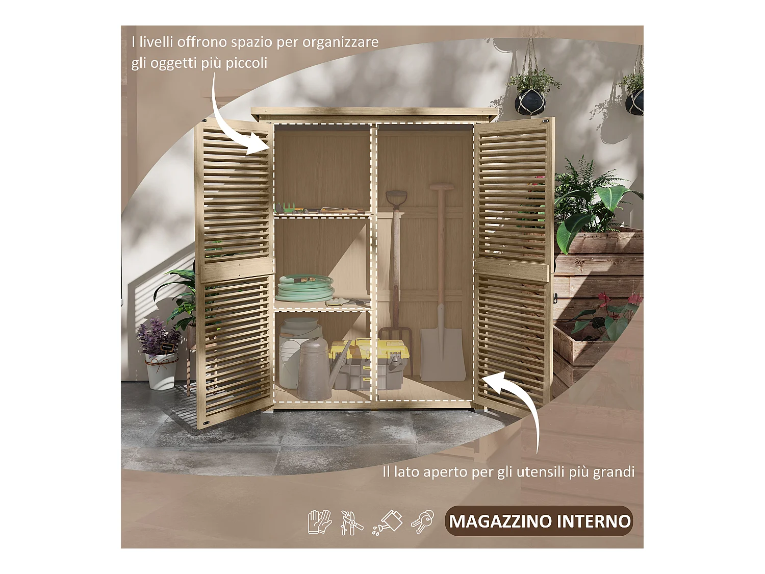 Armadio da esterno a 2 ripiani in legno di abete 127x65x159.5/168 cm