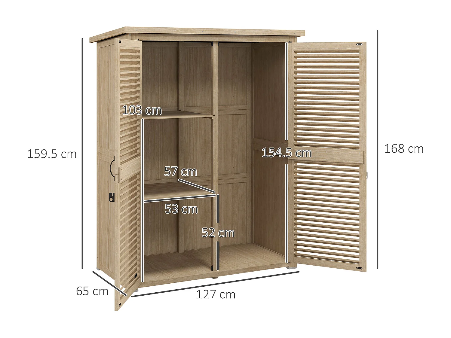 Armadio da esterno a 2 ripiani in legno di abete 127x65x159.5/168 cm