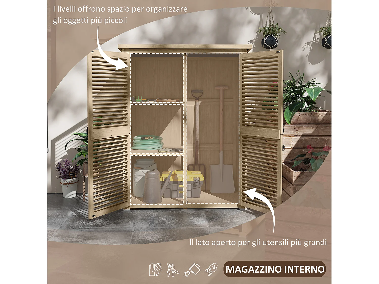 Armadio da esterno a 2 ripiani in legno di abete 127x65x159.5/168 cm