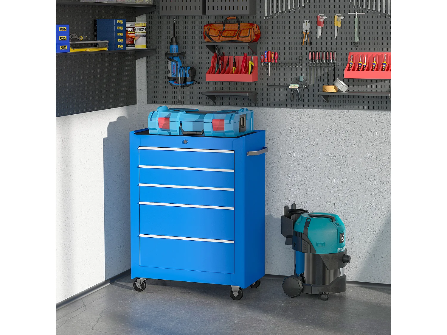Carrello attrezzi 5 cassetti con chiave blu