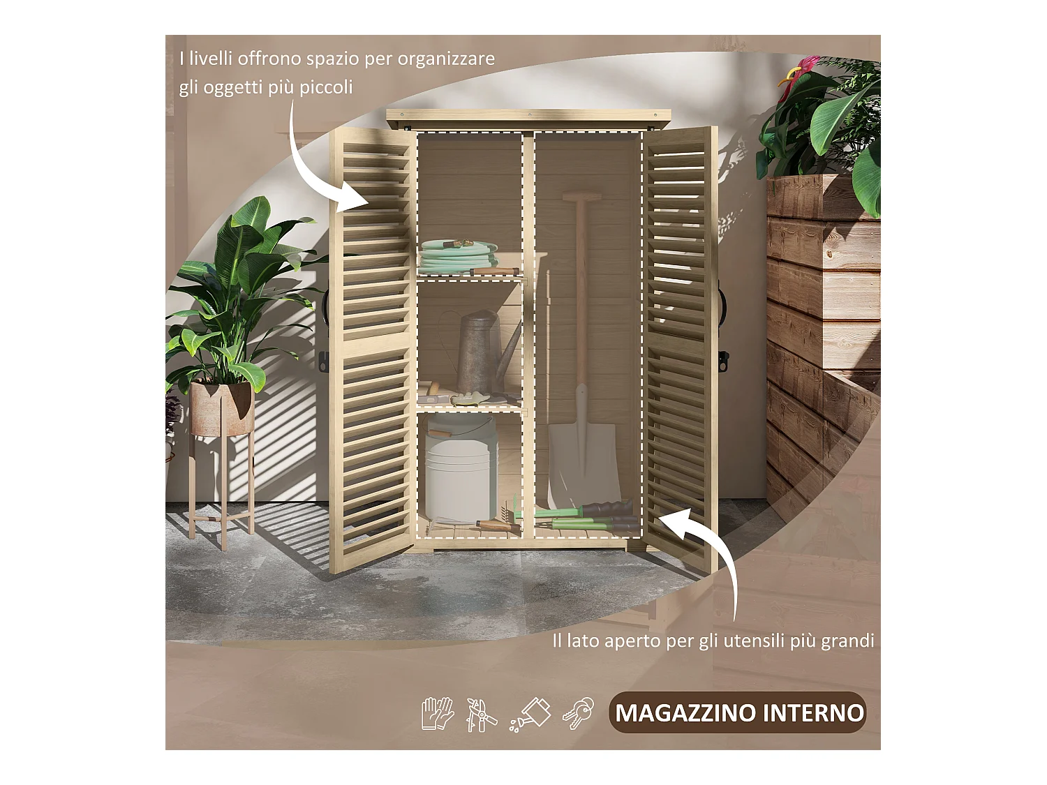 Armadio da esterno a 2 ripiani in legno di abete 75x50x111/118 cm