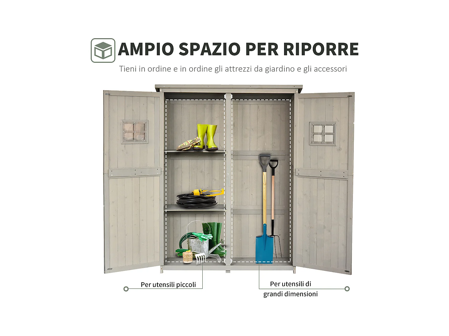 Casetta da giardino legno porta doppia mensole 127.5x50x164cm