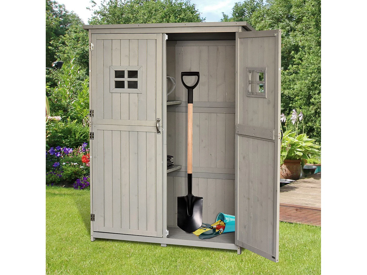 Casetta da giardino legno porta doppia mensole 127.5x50x164cm