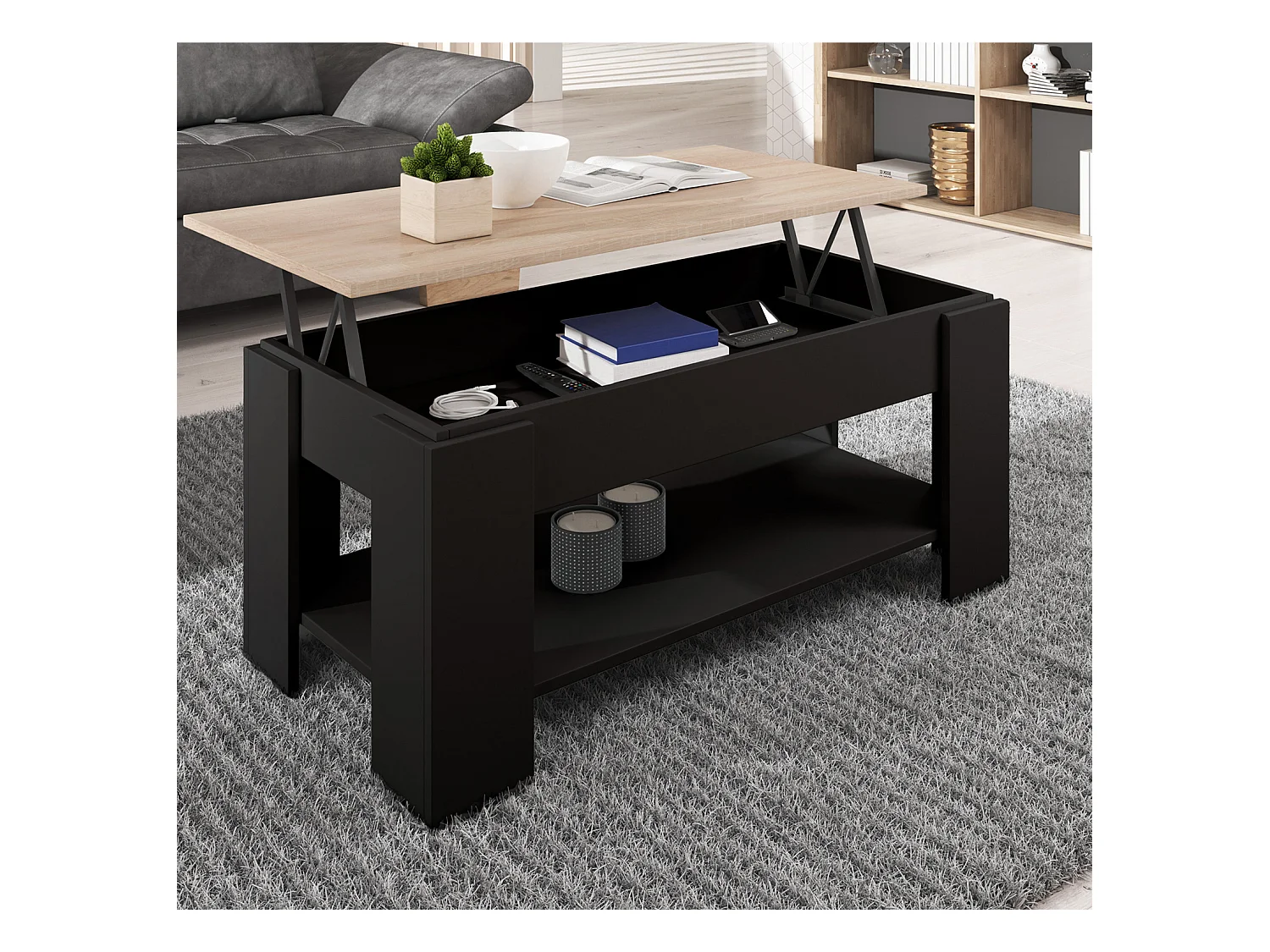Mesa baja elevable para Salón comedor en Negro y Sonoma 100x50x43,5cm Nicoleta