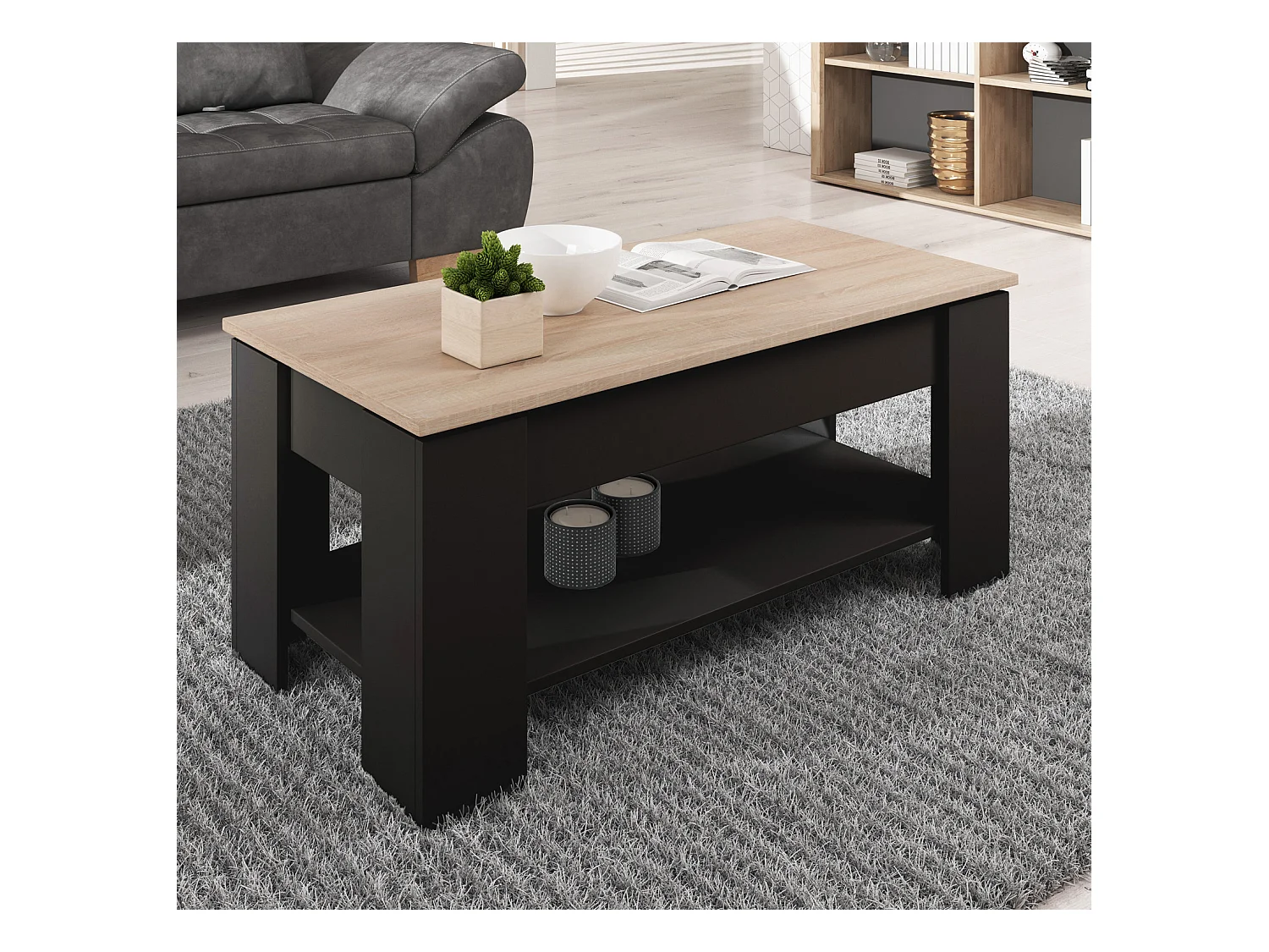 Mesa baja elevable para Salón comedor en Negro y Sonoma 100x50x43,5cm Nicoleta