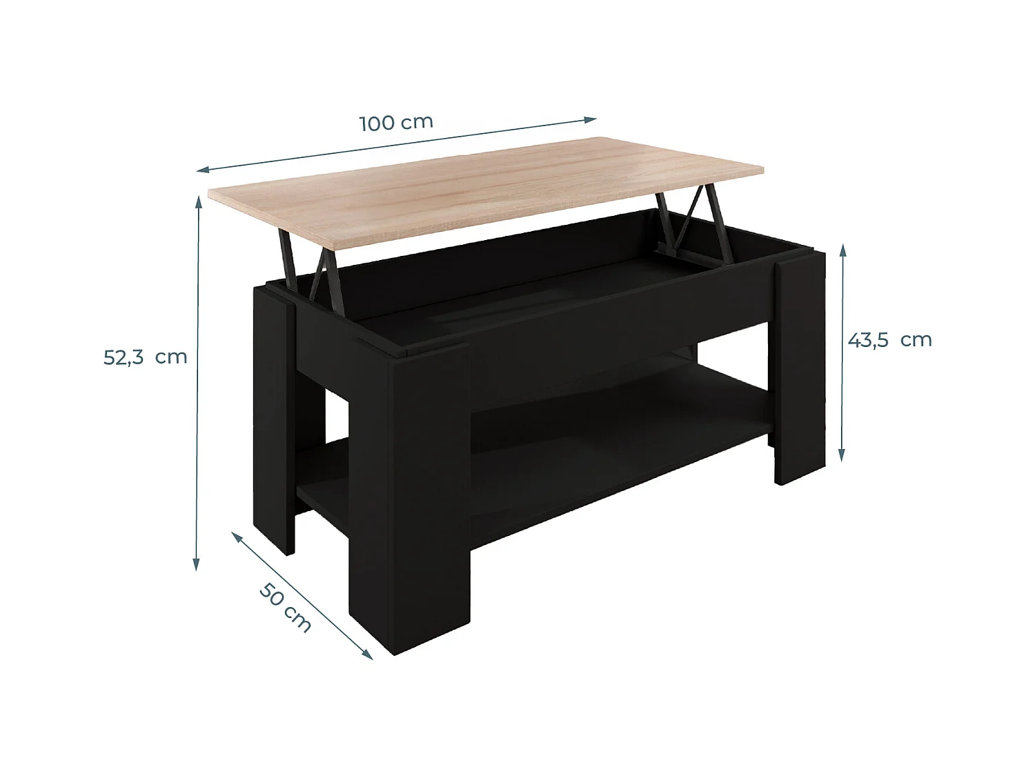 Mesa baja elevable para Salón comedor en Negro y Sonoma 100x50x43,5cm Nicoleta