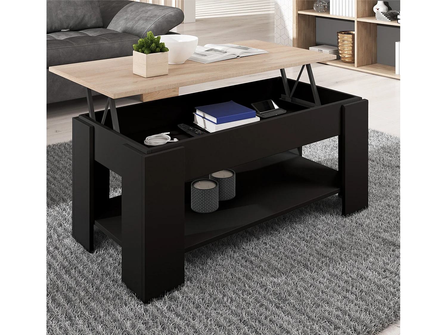 Mesa baja elevable para Salón comedor en Negro y Sonoma 100x50x43,5cm Nicoleta