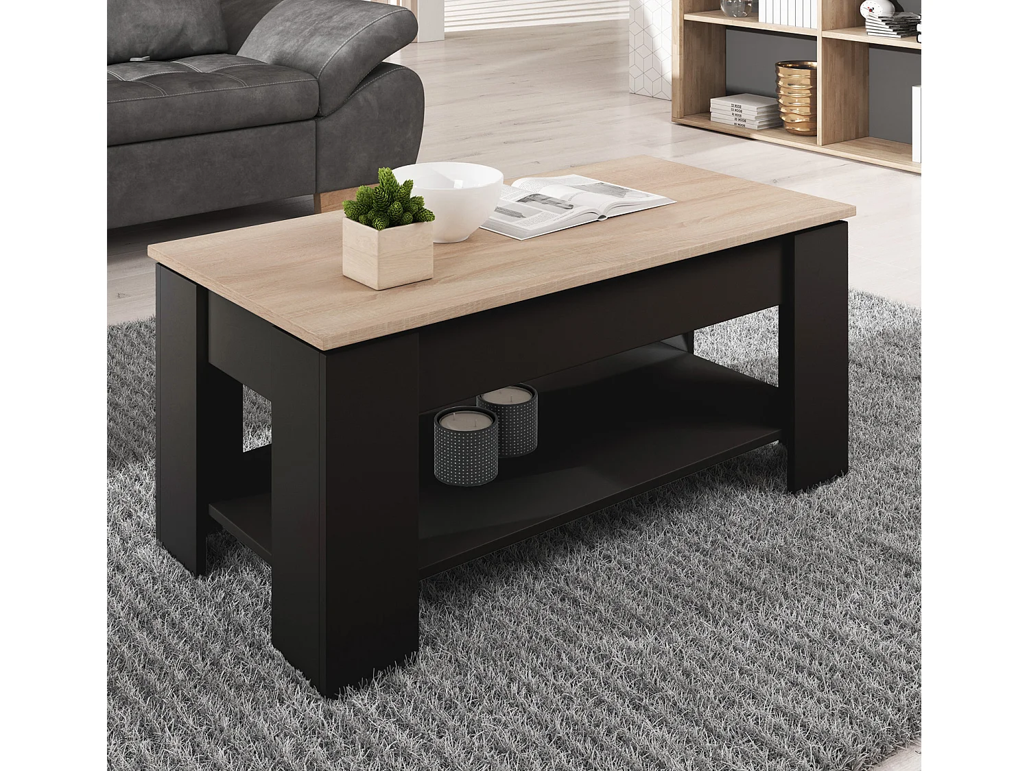 Mesa baja elevable para Salón comedor en Negro y Sonoma 100x50x43,5cm Nicoleta