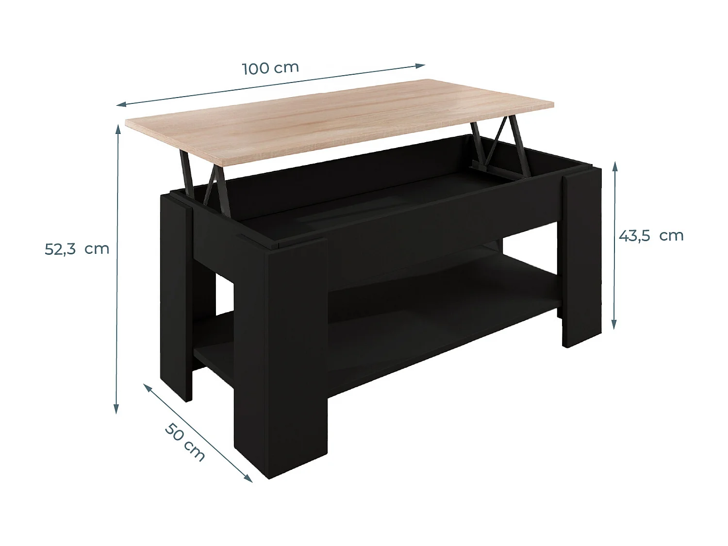 Mesa baja elevable para Salón comedor en Negro y Sonoma 100x50x43,5cm Nicoleta