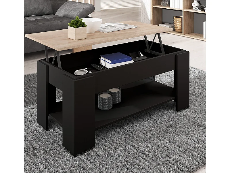 Table basse relevable pour Salon Salle à manger en Noir et Sonoma 100x50x43,5cm Nicoleta