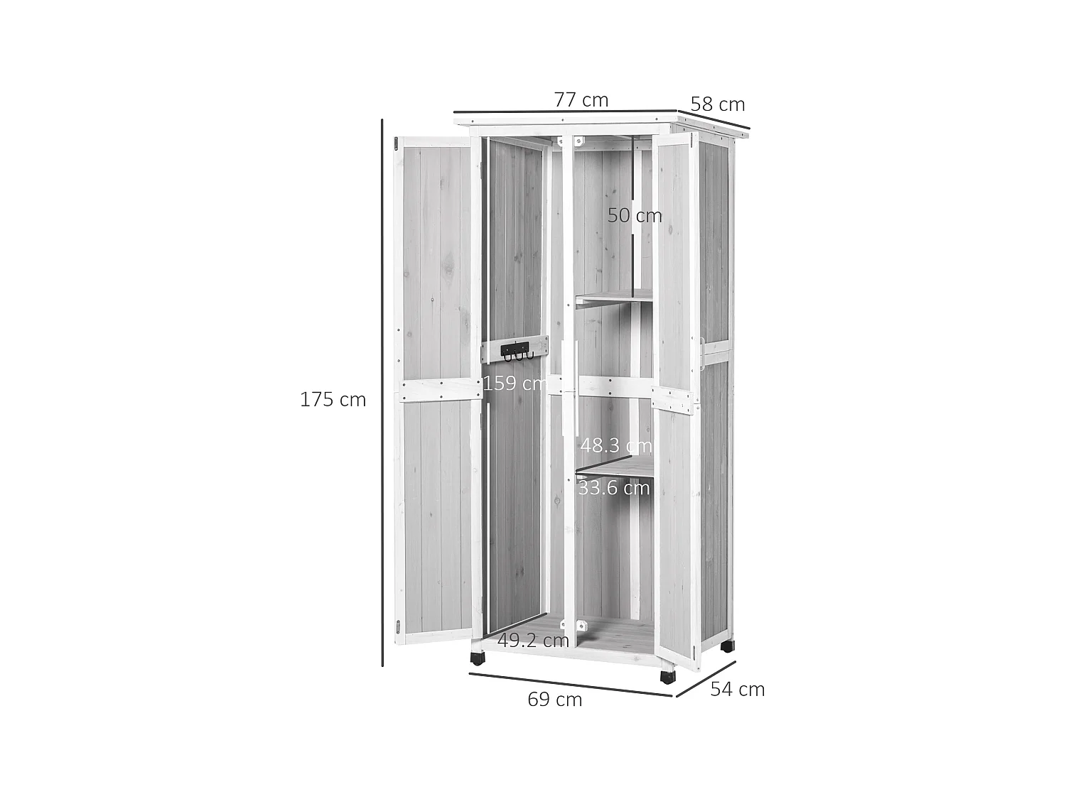 Casetta porta attrezzi in legno di abete 3 livelli con ganci