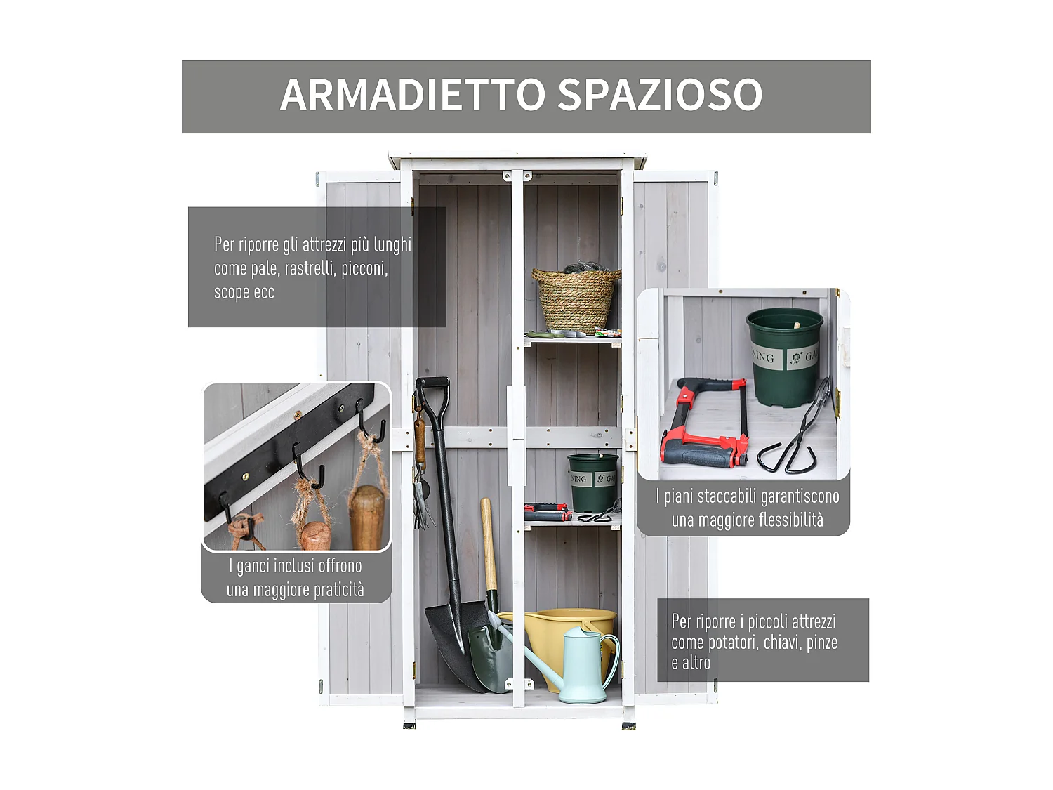 Casetta porta attrezzi in legno di abete 3 livelli con ganci