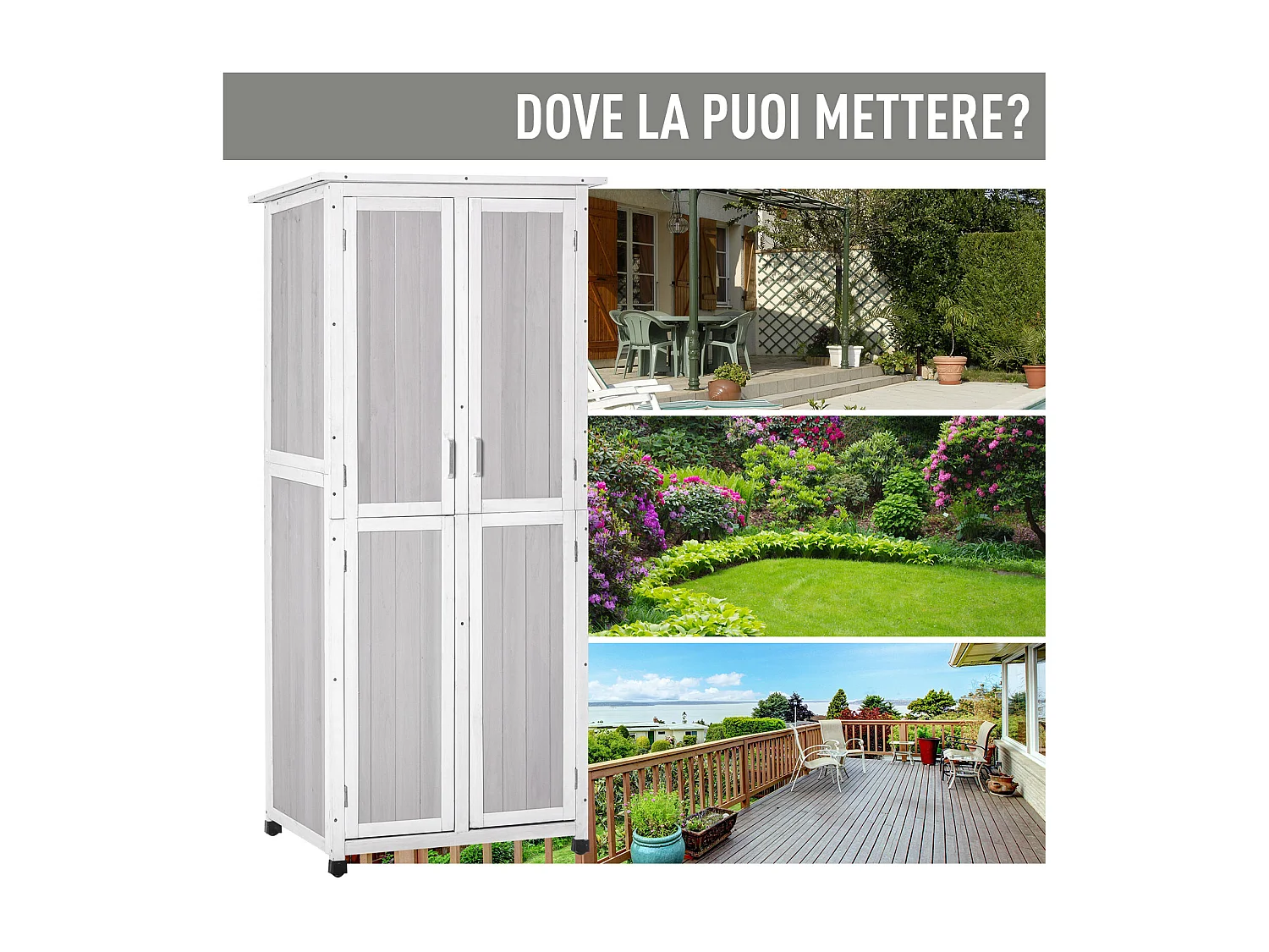 Casetta porta attrezzi in legno di abete 3 livelli con ganci