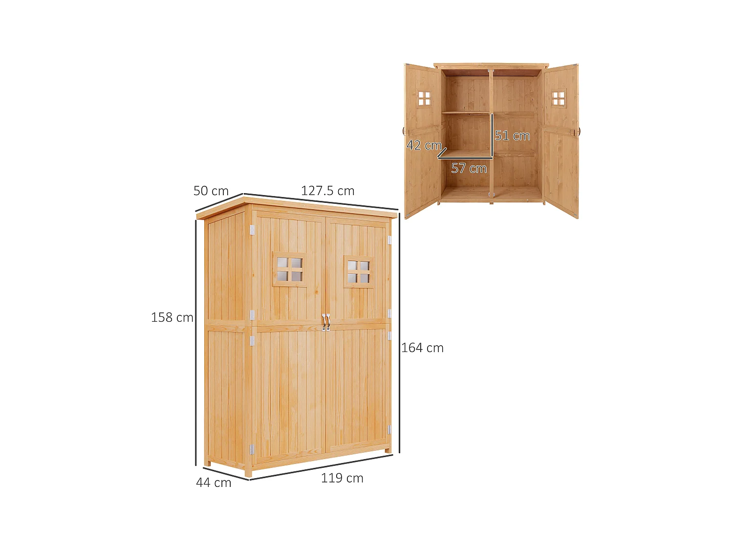 Casetta da giardino legno porta doppia mensole 127.5x50x164cm
