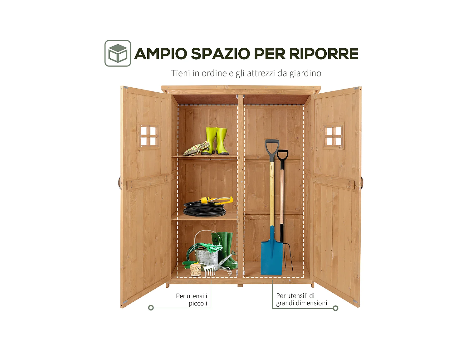 Casetta da giardino legno porta doppia mensole 127.5x50x164cm