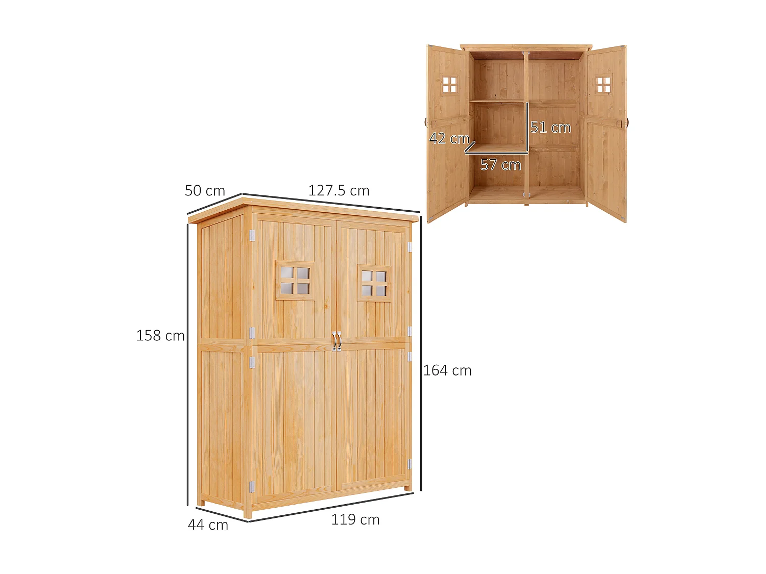 Casetta da giardino legno porta doppia mensole 127.5x50x164cm