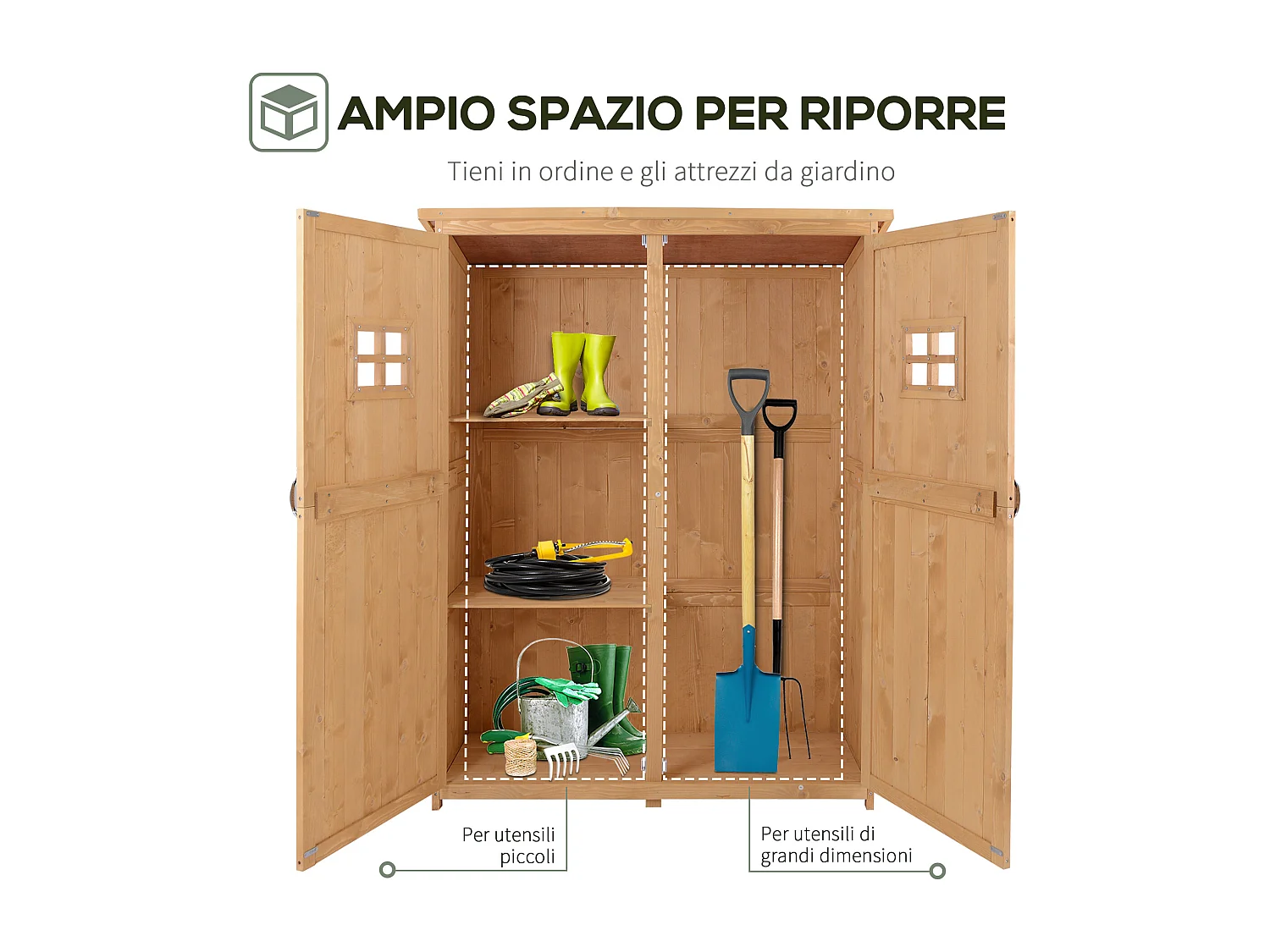 Casetta da giardino legno porta doppia mensole 127.5x50x164cm